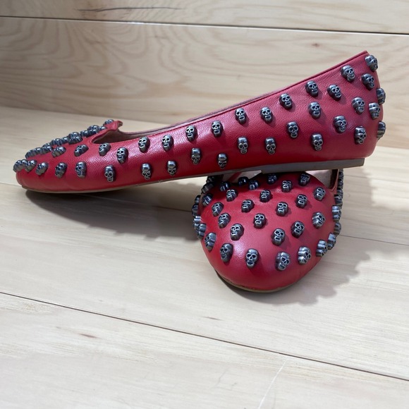 Jeffrey Campbell Ibiza Last Flats Women 10 Red Leather Gunmetal Skull Studded - Picture 5 of 12